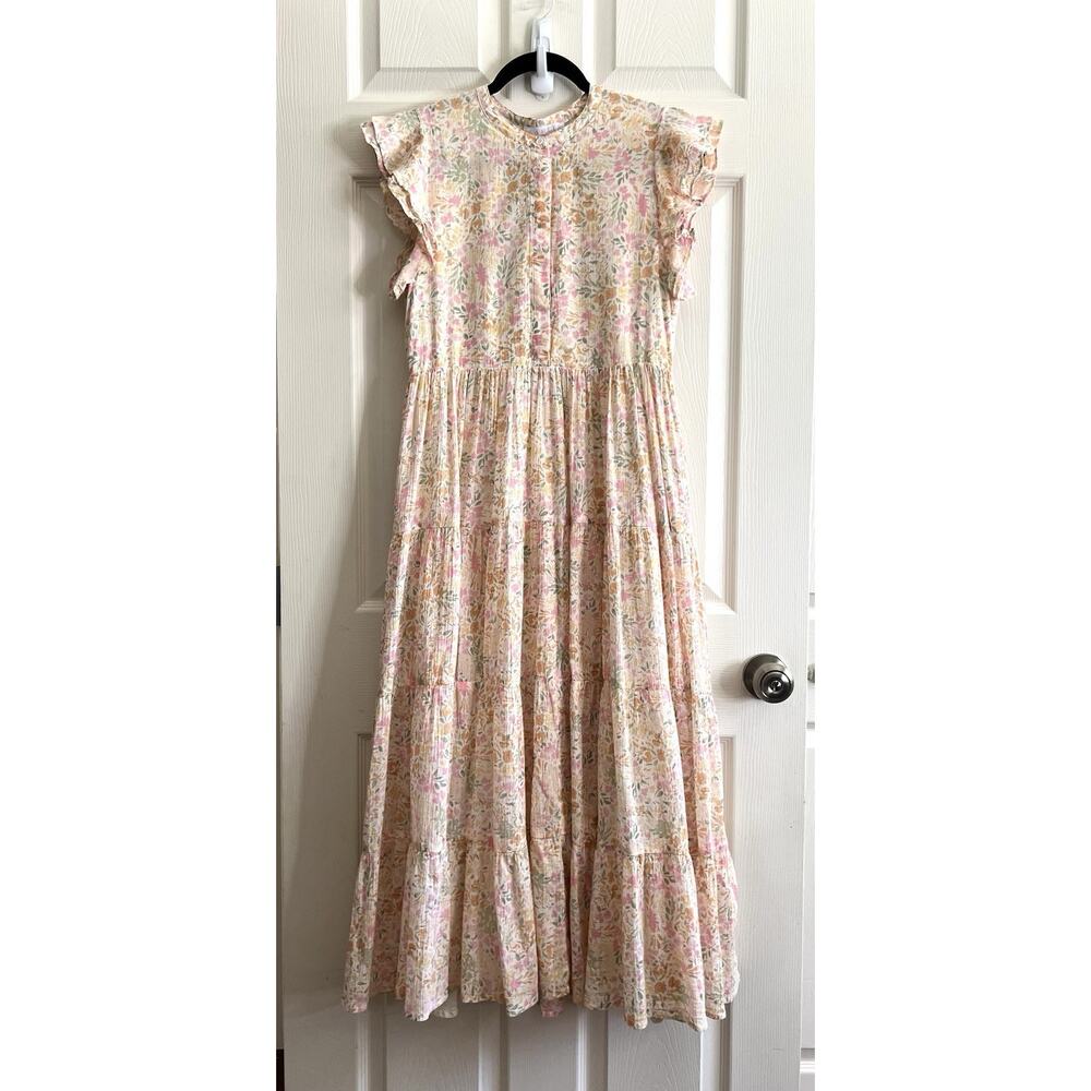 KARLIE Delicate Floral 100% Cotton Ruffle Sleeve Tiered Midi Dress Sz M